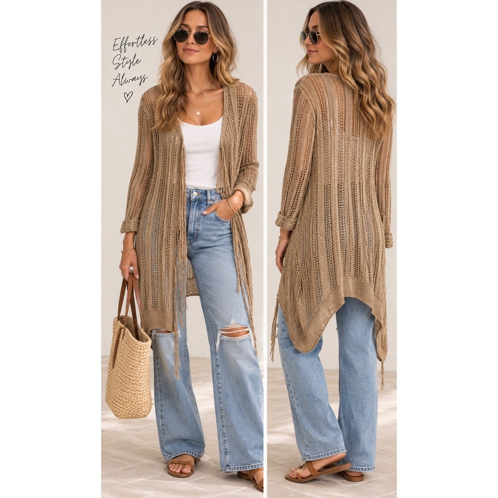 Chicos Gold Metallic Crochet Fringe Cardigan Sharkbite Hem Size 4 XXL Womens